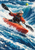 A helmeted woman paddles a red-orange kayak through a foaming standing wave, with a double-bladed paddle and lime-yellow buoy behind her.
