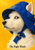White terrier in left-facing profile wearing an oversized cobalt-blue rain bonnet and a gold crescent brooch against a yellow background.