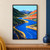 Cobalt river winding through stylized green, coral, turquoise, and ochre hills toward a small sun under a pale cyan sky.; frame shown for styling only