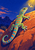 Vivid turquoise, lime, and coral gecko climbing a rust-orange boulder toward a small moth in golden light against a deep blue sky.