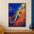 Vivid turquoise, lime, and coral gecko climbing a rust-orange boulder toward a small moth in golden light against a deep blue sky.; frame shown for styling only