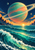 A giant ringed planet and two small moons above layered ocean waves, rocky coasts, and a bright sunset horizon.