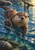 Chestnut-brown river otter swimming toward the viewer in reflective blue-green stream water, one forepaw raised at the surface.