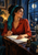 Woman in a teal scarf and vermilion blouse at a desk with open pages, looking toward a bright moon in an arched window.