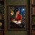 Woman in a teal scarf and vermilion blouse at a desk with open pages, looking toward a bright moon in an arched window.; frame shown for styling only