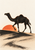 Dark one-humped camel walking along a curved sandy ridge in front of a partly obscured vermilion sun.