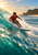 An adult surfer in a red top rides a turquoise wave on a pale board, with swimmers and a rocky headland in the distance.