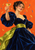 Adult woman in a midnight-blue gown and chartreuse sash raising a coupe glass against an orange background with curved confetti marks.
