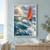 Small white-hulled sailboat with a coral-orange triangular sail and lone sailor crossing choppy blue water beneath a bright coastal sky.; frame shown for styling only