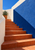 Terracotta staircase rising between pale plaster walls toward a potted agave, beside a broad cobalt-blue wall and shadow.