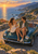 Two adults sit together on a dark green convertible at a coastal overlook, with a winding road, sea, cliffs, and sunset behind them.