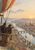 Two people in a wicker balloon basket overlook a river city with bridges and clustered rooftops at sunrise.