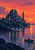 Domed observatory and illuminated beacon tower above a rocky inlet at sunset, with a small lantern-bearing skiff crossing reflective water.
