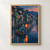 Teal-cloaked boatkeeper in a wooden skiff holding a pole beside a glowing vermilion lantern on an indigo canal lined with houses.; frame shown for styling only