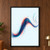 Portrait abstract artwork with an S-shaped indigo and coral waveform made from small geometric marks and concentric trails on a pale ground.; frame shown for styling only