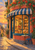 A warmly lit curved bakery window displays breads and fruit-topped tarts beneath a striped awning and red poppies; a blue chair and table sit outside.