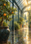A fruiting potted citrus tree stands inside a glass conservatory with iron ribs, wet reflective flooring, and a bright garden beyond.