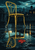 An empty yellow metal chair is reflected in a rooftop puddle, with a red leaf floating near the bottom and a distant city silhouette.