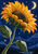 Golden sunflower leaning toward a crescent moon above a distant treeline and water in a blue night sky.
