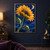 Golden sunflower leaning toward a crescent moon above a distant treeline and water in a blue night sky.; frame shown for styling only
