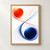 Vermilion and deep indigo discs surrounded by fine looping colored paths that cross near the center on a white ground.; frame shown for styling only