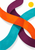 Turquoise, orange, and plum bands cross and weave over a white background, with a small yellow disk near the upper right.