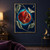 Split-open red pomegranate with glossy seeds and a pale eye-spotted moth hovering among curved leaves beneath a crescent moon.; frame shown for styling only