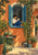 An adult woman reading in a blue-shuttered arched window and reaching toward a trailing fern, above a sleeping striped cat, books, and watering can.