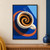 Overhead white espresso cup with spiral crema and two steam wisps, surrounded by a terracotta ring on a vivid blue background.; frame shown for styling only