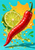 A glossy red chili pepper twists in front of a lime wheel, surrounded by colorful splashes on a turquoise background.
