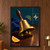 Polished brass handbell with a dark wooden handle and clapper on a wood counter, with gold sound lines, blue cloth, citrus, and teal tiles.; frame shown for styling only