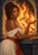 Hestia portrayed with a small flame above her open palm before a blazing arched fire.