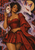 Curly-haired woman in a red dress holding a white fox mask beside a large pale fox with a flowing mane.