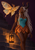 Horned woman with pale braids holding a glowing lantern beside a large luminous moth on stone steps.