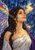 Woman in white and violet gazing upward beside a multicolored, stained-glass-like wing in a rainy blue and gold setting.