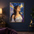 Woman in white and violet gazing upward beside a multicolored, stained-glass-like wing in a rainy blue and gold setting.; frame shown for styling only