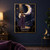 Horned woman gesturing beneath a large faceted crescent moon as audience silhouettes watch from a dark hall.; frame shown for styling only