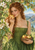 Red-haired woman in a green dress holding a golden apple beside a bowl of apples amid flowering branches.