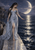 Dark-haired woman in a flowing silver-blue gown stands beside a moonlit sea as a crescent moon reflects on the water.