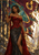 A dark-skinned, pointed-eared woman in a red bodice stands before an oversized, jewel-toned stained-glass pattern and distant city.