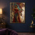 A dark-skinned, pointed-eared woman in a red bodice stands before an oversized, jewel-toned stained-glass pattern and distant city.; frame shown for styling only