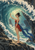 Pointed-eared woman in red standing beneath a curling teal wave on a rocky shore with sea cliffs beyond.