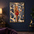 Blonde pointed-eared woman in red among oversized navy books decorated with gold stars, planets and orbital diagrams.; frame shown for styling only