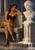Horned woman in burgundy and gold seated beside a pale bust flowing over its pedestal and stone steps.