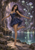 Pointed-ear woman balancing on a rocky waterside ledge beside glowing branching plants and reflective water.