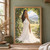 Pointed-eared woman in a flowing white gown looks back beneath a leafy arch framing a sunlit meadow, distant hills, and scattered trees.; frame shown for styling only