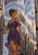 A pointed-eared woman in a purple dress stands among metallic pipes as a huge translucent water serpent curls above a distant city.