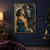 A woman in teal looks upward beside a huge monochrome profile face framed by concentric rings and stars.; frame shown for styling only