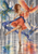 Woman in an orange-red dress dancing among colorful bird forms in a reflective arched hall.