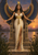 Crowned woman with outstretched feathered wings stands on a decorated throne above reeds, palms, and a sunset river.